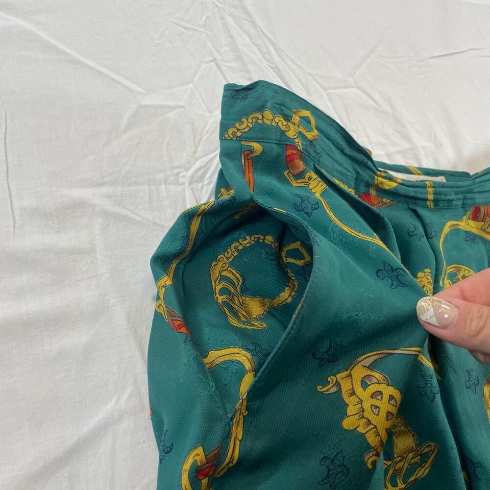 Chaus Women Vintage Teal Rayon Gold Equestrian Chain Print Pleated Maxi Skirt 14 - Picture 6 of 6